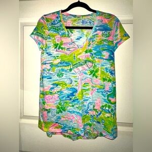 NWT Lilly Pulitzer golf print Etta v neck top XS cotton neon cart girl